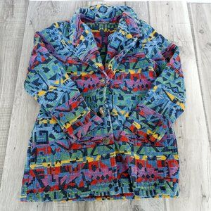 Vintage Aztec Geometric Southwestern Textile Blazer Jacket Metal Coin Button